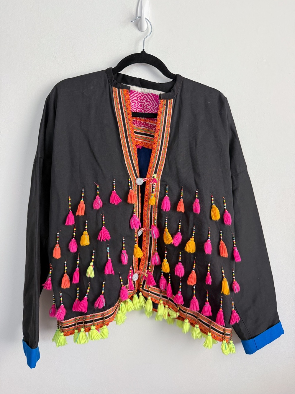Authentic Hmong tribal jacket Black Embellished Tassel Jacket with Pink & Neon